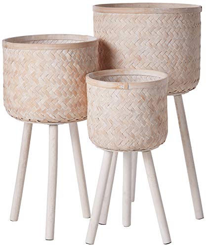 Bloomingville Set of 3 Round Bamboo Floor Baskets with Wood Legs