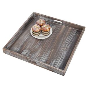 mygift torched wood large serving tray with handles, 19 inch square decorative tray for ottoman, breakfast, tea, coffee table