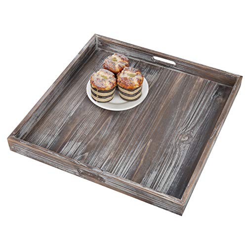 MyGift Torched Wood Large Serving Tray with Handles, 19 Inch Square Decorative Tray for Ottoman, Breakfast, Tea, Coffee Table