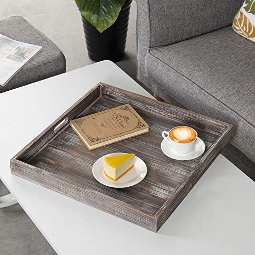 MyGift Torched Wood Large Serving Tray with Handles, 19 Inch Square Decorative Tray for Ottoman, Breakfast, Tea, Coffee Table