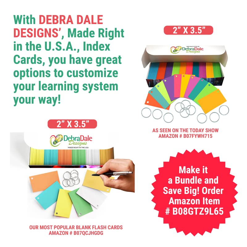 Debra Dale Designs Made in USA 900 Blank Hole Punched Pocket-Size Flash Cards 2" x 3-1/2" 10 Bright Colors 10 Metal Book Rings Standard 65# Card Stock