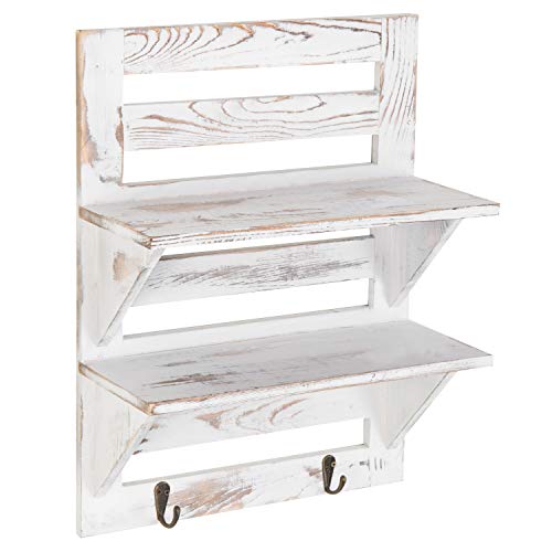 MyGift 2-Tier Whitewashed Wood Wall Mounted Shelf Rack with Key Hooks, Entryway Storage Display Shelves, Bathroom Shelving and Towel Hooks, 7 x 13-Inches