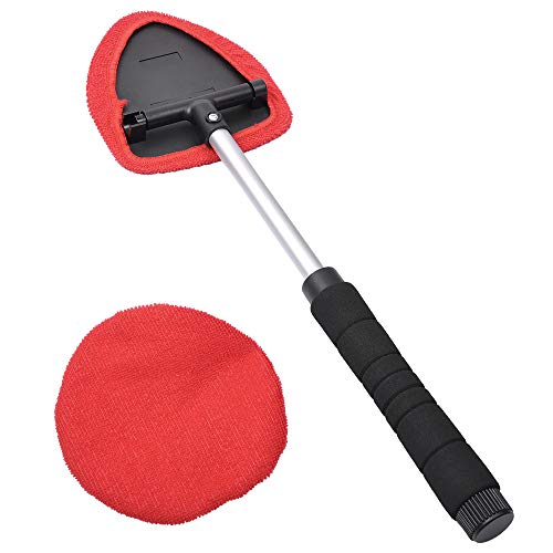 AutoEC Windshield Cleaning Tool, Car Window Cleaner with Extendable Handle, Windshield Cleaner for Car Home Office Use, 2 Washable Reusable Microfiber Bonnets, Car Exterior Accessories