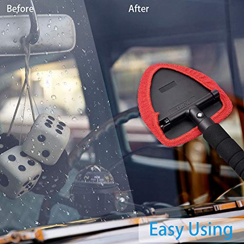 AutoEC Windshield Cleaning Tool, Car Window Cleaner with Extendable Handle, Windshield Cleaner for Car Home Office Use, 2 Washable Reusable Microfiber Bonnets, Car Exterior Accessories