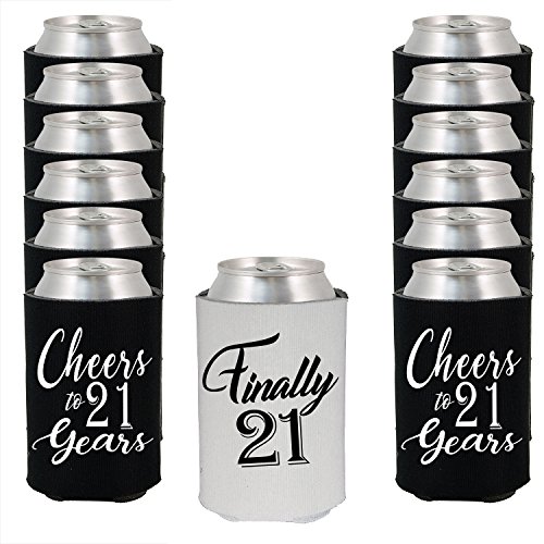 Finally 21 Cheers to 21 Years Birthday Can Sleeve Cooler Insulated Drink Coozies Soda Beer Hugger Coolies (Black, 13)