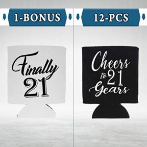 Finally 21 Cheers to 21 Years Birthday Can Sleeve Cooler Insulated Drink Coozies Soda Beer Hugger Coolies (Black, 13)