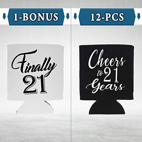 Finally 21 Cheers to 21 Years Birthday Can Sleeve Cooler Insulated Drink Coozies Soda Beer Hugger Coolies (Black, 13)