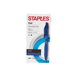 staples 2072168 aura gel retractable pens 0.7mm blue 12pk (29196)