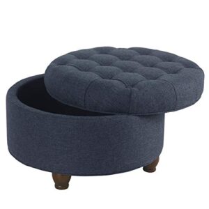 Homepop Home Decor | Large Button Tufted Woven Round Storage Ottoman | Ottoman with Storage for Living Room & Bedroom (Navy Woven) 25 inch D x 25 inch W x 15 inch H