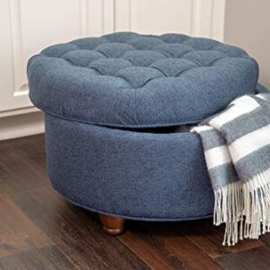 Homepop Home Decor | Large Button Tufted Woven Round Storage Ottoman | Ottoman with Storage for Living Room & Bedroom (Navy Woven) 25 inch D x 25 inch W x 15 inch H