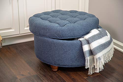 Homepop Home Decor | Large Button Tufted Woven Round Storage Ottoman | Ottoman with Storage for Living Room & Bedroom (Navy Woven) 25 inch D x 25 inch W x 15 inch H