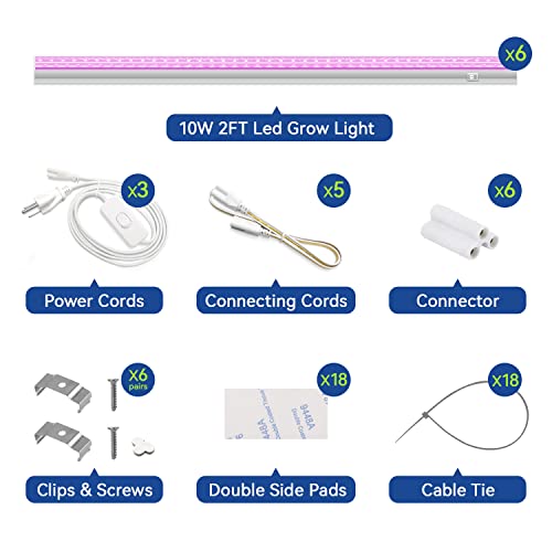 Monios-L [6-Pack] LED Grow Light Strips for Plants 2FT, 60W (6 x 10W) t5 High Output Integrated Fixture Extendable 24 Inches Grow Lights for Greenhouse, Plant Grow Shelf, Easy Installation