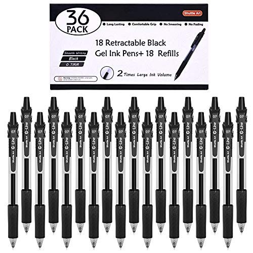 Shuttle Art Black Gel Pens, 36 Pack(18 Gel Pens with 18 Refills) Retractable Medium Point Rollerball Gel Ink Pens Smooth Writing with Comfortable Grip