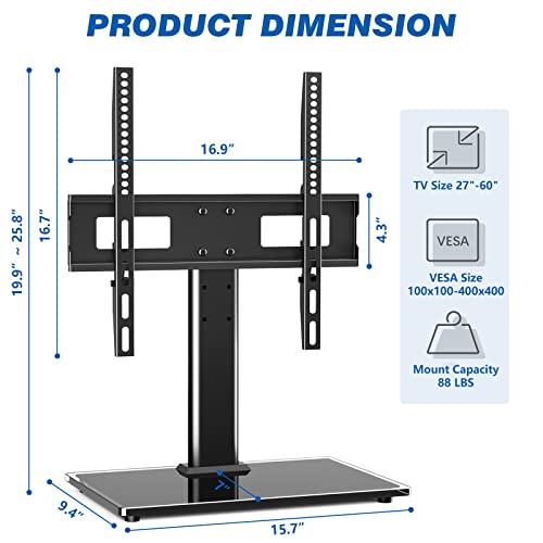 Rfiver Universal Table Top TV Stand TV Base Replacement for Most 27 30 32 39 40 42 43 49 50 55 60 Inch LCD LED Plasma Flat Screen TVs, Vesa Mount Holds up to 88 lbs, Height Adjustable