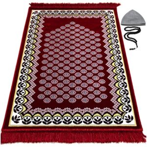 modefa prayer rug free prayer cap & beads - thin velvet namaz sajadah janamaz floral daisy arch (red)