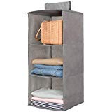 hanging closet organizer,sweater & sock organizer with a hook and loops,collapsible storage shelves for clothes, pants and shoes (grey-3 shelf)