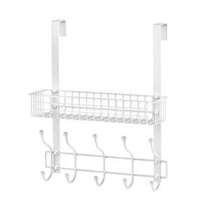 milijia coat rack, over the door hanger with mesh basket, detachable storage shelf for towels, hats, handbags, coats (white)