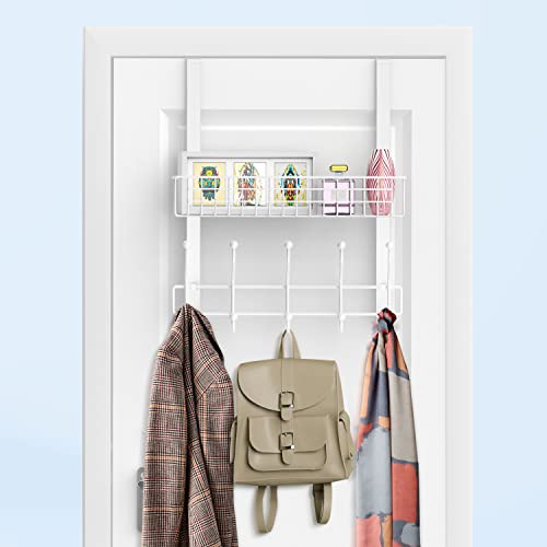 MILIJIA Coat Rack, Over The Door Hanger with Mesh Basket, Detachable Storage Shelf for Towels, Hats, Handbags, Coats (White)