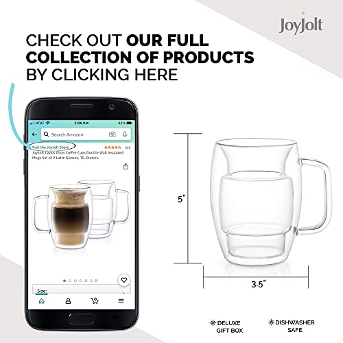 JoyJolt Cadus Glass Coffee Cups Double Wall Insulated Mugs Set of 2 Latte Glasses, 16-Ounces.