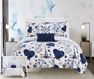 chic home le marias 9 piece reversible comforter paris is love inspired printed design bed in a bag-sheet set decorative pillows shams included size, queen, navy