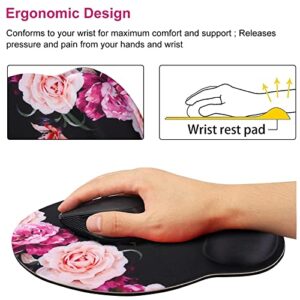 iLeadon Mouse Pad Wrist Support, Ergonomic Mouse Pad with Wrist Rest, Non-Slip Rubber Base Memory Foam Mousepad for Home Office Computer, Laptop, Easy Typing & Pain Relief, Adorable Peony Flower