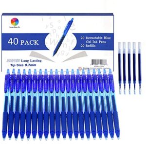 smart color art 40 pack blue gel pens, retractable medium point gel ink pens smooth writing for school office home, comfort grip(20 pens with 20 refills)