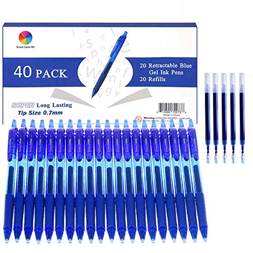 Smart Color Art 40 Pack Blue Gel Pens, Retractable Medium Point Gel Ink Pens Smooth Writing for School Office Home, Comfort Grip(20 Pens with 20 Refills)