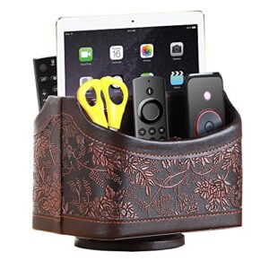 yapishi antique leather remote control holder, 360 degree spinning desk tv remote caddy/box, bedside table organizer for controller, media, calculator, mobile phone and pen storage