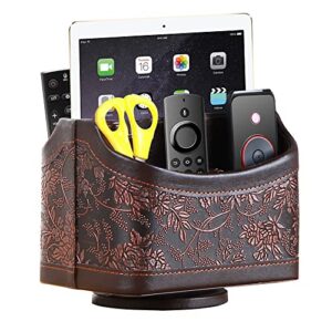 YAPISHI Antique Leather Remote Control Holder, 360 Degree Spinning Desk TV Remote Caddy/Box, Bedside Table Organizer for Controller, Media, Calculator, Mobile Phone and Pen Storage