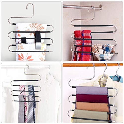 Myfolrena Hangers for Pants Clothes Hanger Non Slip Updated S-Shaped 5 Layers Hangers Closet Space Saver for Jeans Scarf Tie(4-Pack)