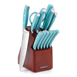 hamilton beach 14-piece kitchen knife cutlery set, aqua blue handles, sharp stainless steel, wood block with chef's, santoku, bread, steak, paring, utility knives, and scissors