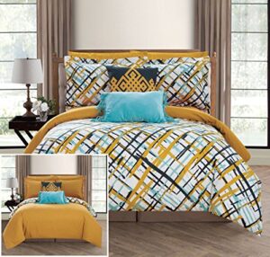 chic home abstract 7 piece reversible comforter print design bed in a bag-sheet set decorative pillows shams included/xl size, twin, gold