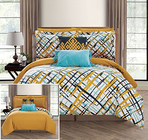 Chic Home Abstract 7 Piece Reversible Comforter Print Design Bed in a Bag-Sheet Set Decorative Pillows Shams Included/XL Size, Twin, Gold
