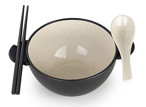 Ozeri Earth Ramen Bowl Set, Made from Plant-Derived and Other Natural Materials,993 ml, One Size, Black with Beige, 6-Piece