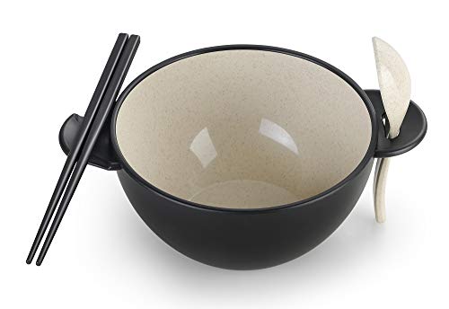 Ozeri Earth Ramen Bowl Set, Made from Plant-Derived and Other Natural Materials,993 ml, One Size, Black with Beige, 6-Piece