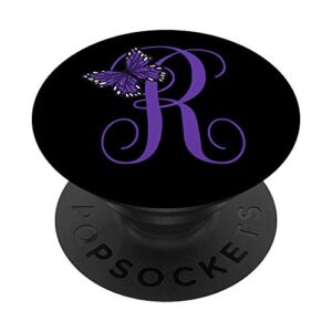 purple letter r alphabet initial with butterfly monogram popsockets popgrip: swappable grip for phones & tablets