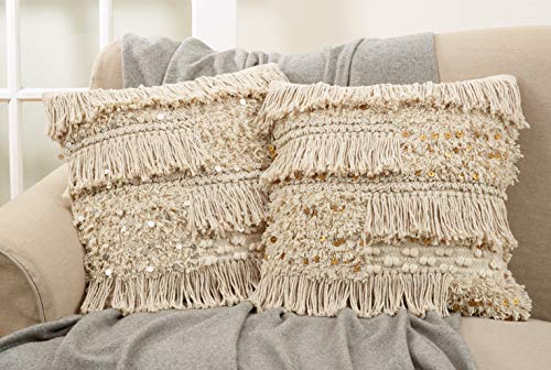 SARO LIFESTYLE Handira Collection Cotton Decorative Down Filled Throw Pillow with Sequin Moroccan Accents, 18", Gold