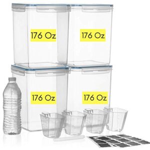 EXTRA LARGE WIDE & DEEP Food Storage Airtight Containers [Set of 4] 5.2L (175.9oz) w/ 4 Measuring Cups + Labels - Ideal for Sugar, Flour, Baking Supplies - Clear Plastic - Leakproof