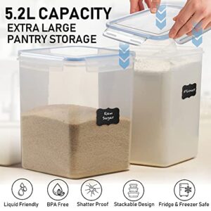 EXTRA LARGE WIDE & DEEP Food Storage Airtight Containers [Set of 4] 5.2L (175.9oz) w/ 4 Measuring Cups + Labels - Ideal for Sugar, Flour, Baking Supplies - Clear Plastic - Leakproof