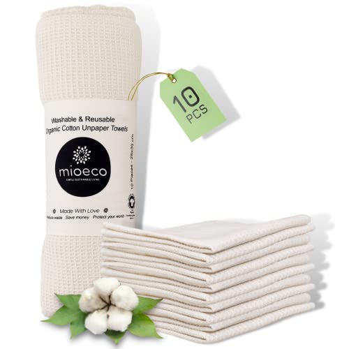 mioeco 10 Pack Kitchen Paper Towels Washable - Super Absorbent Natural Paper Towels - Natural Cotton - Reusable, Absorbent, Paperless Kitchen Dish Cloths - 100% Organic Cotton Dish Towels