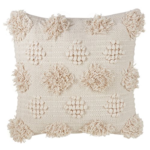 SARO LIFESTYLE Handira Collection Down Filled Cotton Pillow Pom Moroccan Design, 18", Ivory