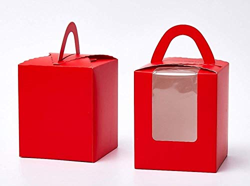 Walk Arrive Cupcake Box Clear Display Window with Strong Handle and Secure Insert Cake Box Bakery Box Cupcake Carrier Cupcake Holder Container for Baby Shower Wedding Birthday Festival Party (10, Red)