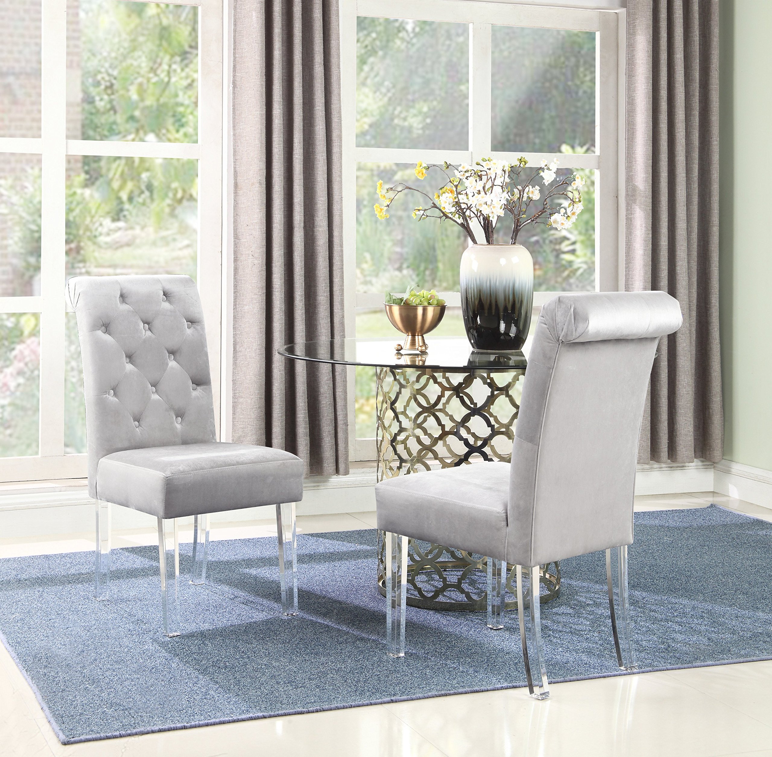 Iconic Home Sharon Dining Side Chair Button Tufted Velvet Upholstered Acrylic Legs (Set of 2) Modern Contemporary, Silver