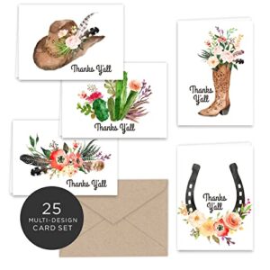 paper frenzy western thanks y'all thank you note cards and kraft envelopes - 25 pack