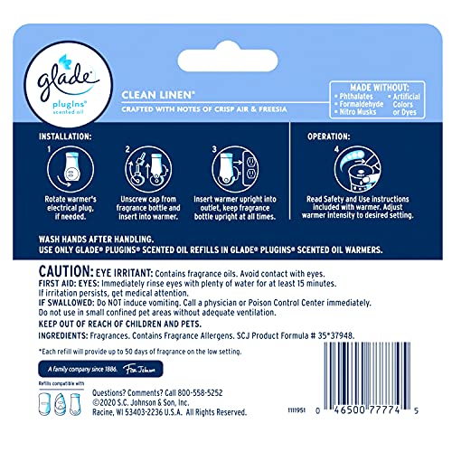 Glade PlugIns Refills Air Freshener, Scented and Essential Oils for Home and Bathroom, Clean Linen, 3.35 Fl Oz, 5 Count