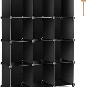 TomCare Cube Storage Organizer 12-Cube Closet Organizer and Storage Shelves Bookshelf Cubes Organizer Plastic Book Shelf Bookcase DIY Square Closet Cabinet Shelves for Bedroom Office, Black