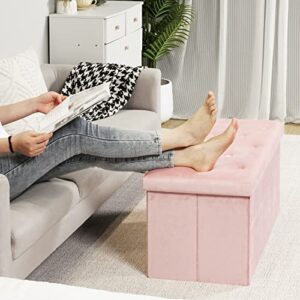 B FSOBEIIALEO Folding Storage Ottoman, Long Ottomans Shoes Bench, Velvet Storage Chest Footrest Seat 31.5"x15.7"x15.7" (Pink, Large)