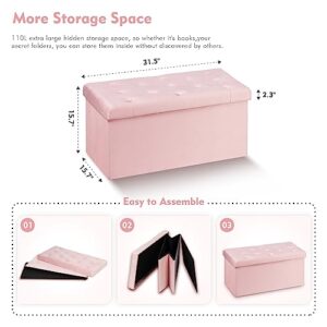 B FSOBEIIALEO Folding Storage Ottoman, Long Ottomans Shoes Bench, Velvet Storage Chest Footrest Seat 31.5"x15.7"x15.7" (Pink, Large)