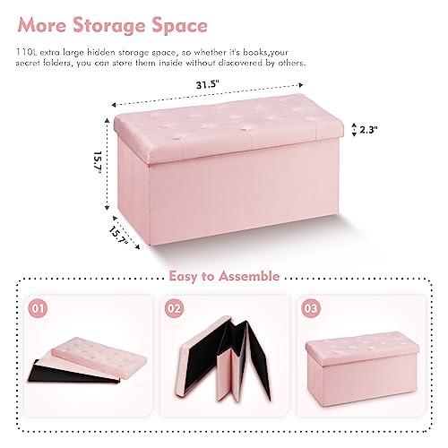 B FSOBEIIALEO Folding Storage Ottoman, Long Ottomans Shoes Bench, Velvet Storage Chest Footrest Seat 31.5"x15.7"x15.7" (Pink, Large)