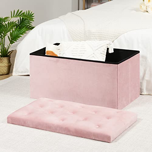 B FSOBEIIALEO Folding Storage Ottoman, Long Ottomans Shoes Bench, Velvet Storage Chest Footrest Seat 31.5"x15.7"x15.7" (Pink, Large)